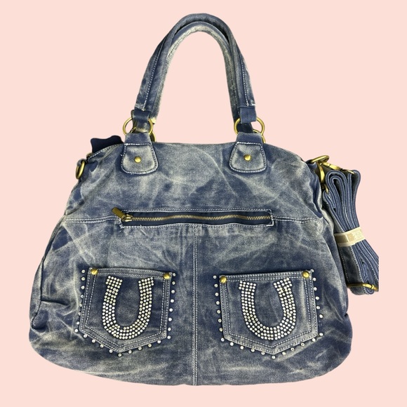Denim Handbag Crossbody Purse With Horseshoe Bling - Picture 1 of 8